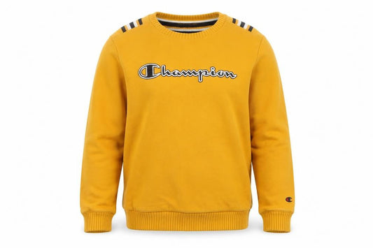 Front view of Champion boys’ yellow 11-12 years logo crew neck pullover sweatshirt