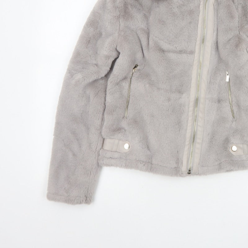 River Island Girls Grey 11-12 Years Faux Fur Biker Jacket Zip