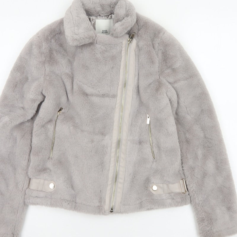 River Island Girls Grey 11-12 Years Faux Fur Biker Jacket Zip