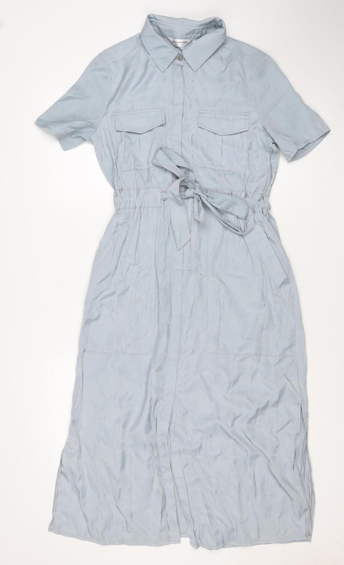 Honey & Koko Women's Blue S Long Belted Shirt Dress Pockets