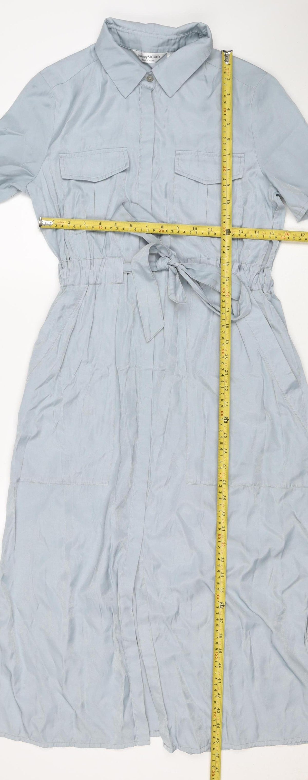 Honey & Koko Women's Blue S Long Belted Shirt Dress Pockets