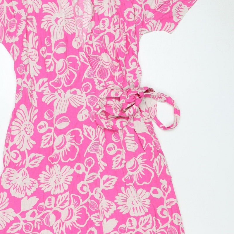 M&S Collection Women Pink Floral Size 8 Knee Length Wrap Dress