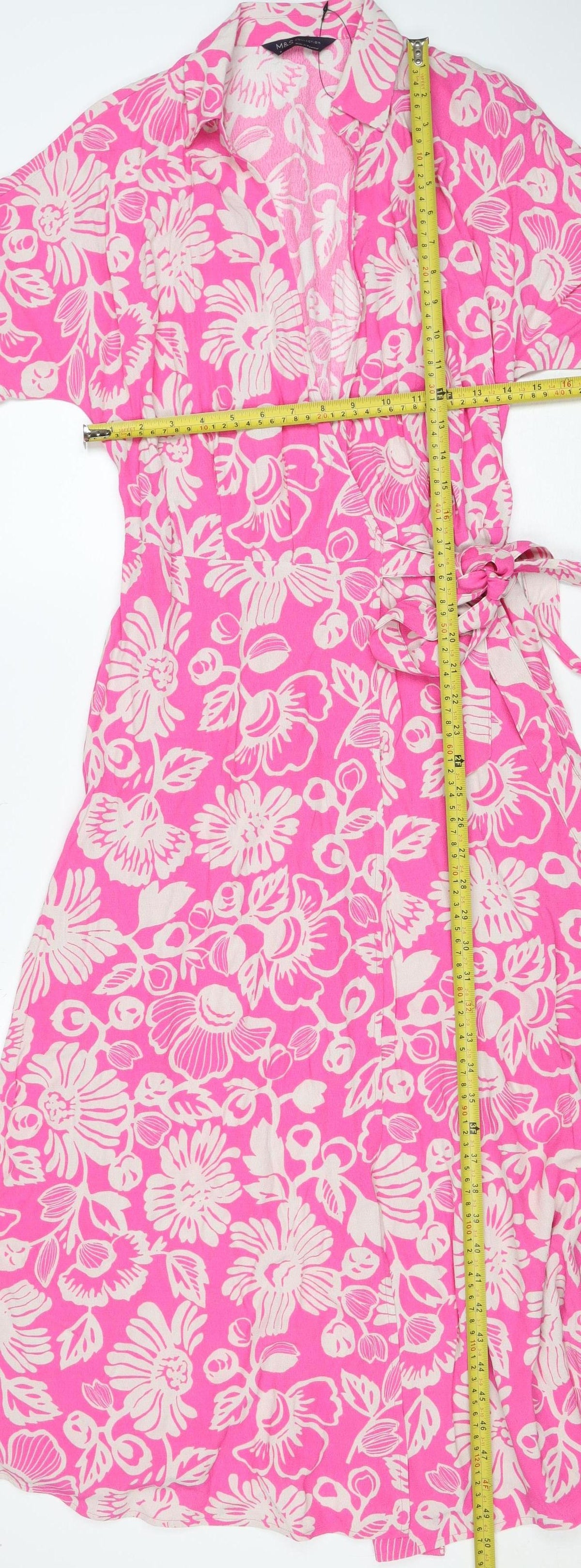 M&S Collection Women Pink Floral Size 8 Knee Length Wrap Dress