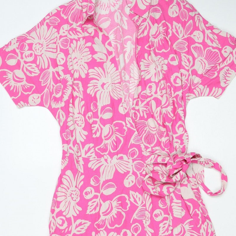 M&S Collection Women Pink Floral Size 8 Knee Length Wrap Dress