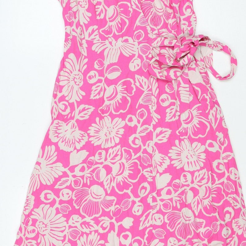 M&S Collection Women Pink Floral Size 8 Knee Length Wrap Dress