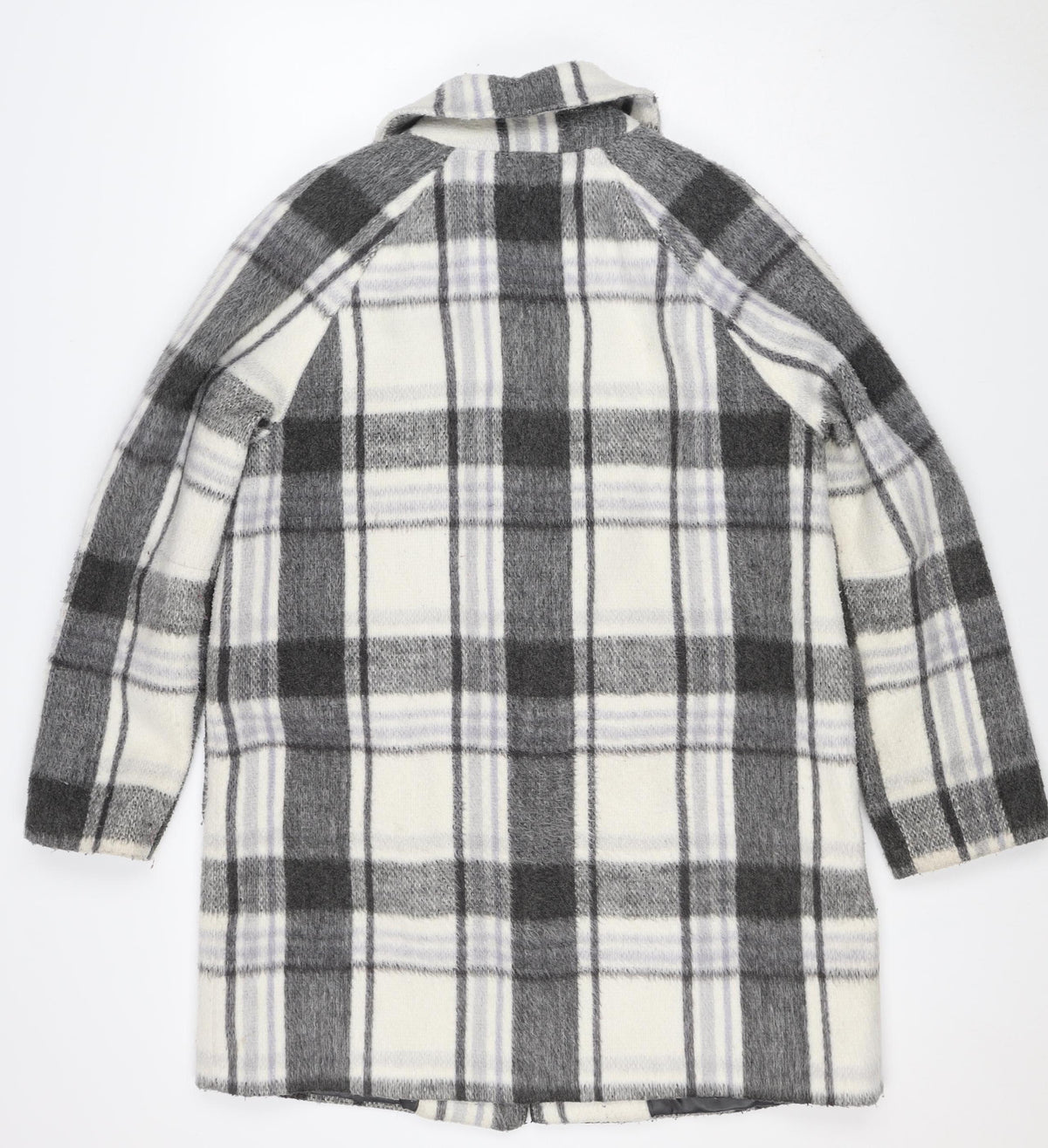 M&S Women Grey Plaid Wool Blend Mid-Length Open Coat Size 14