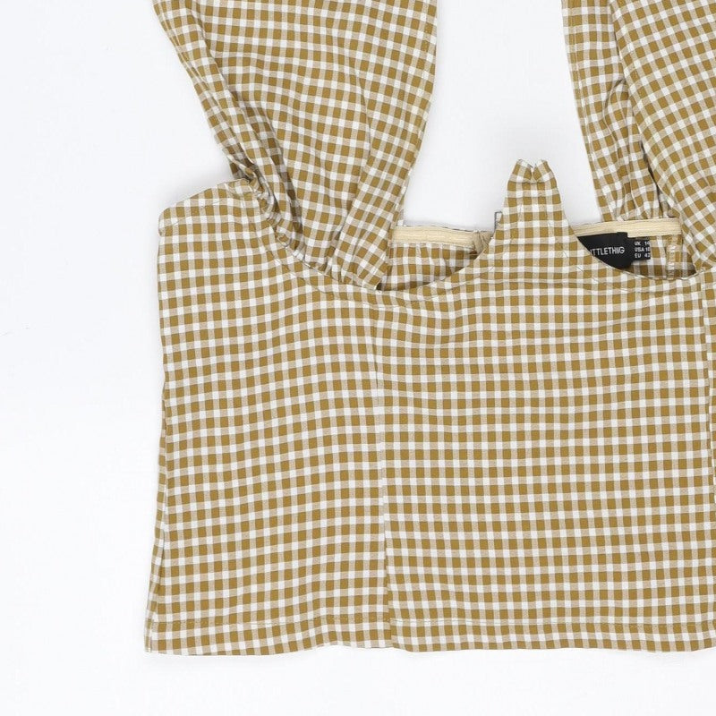PrettyLittleThing Women's Brown Check Cropped Bell Sleeve Blouse UK 14