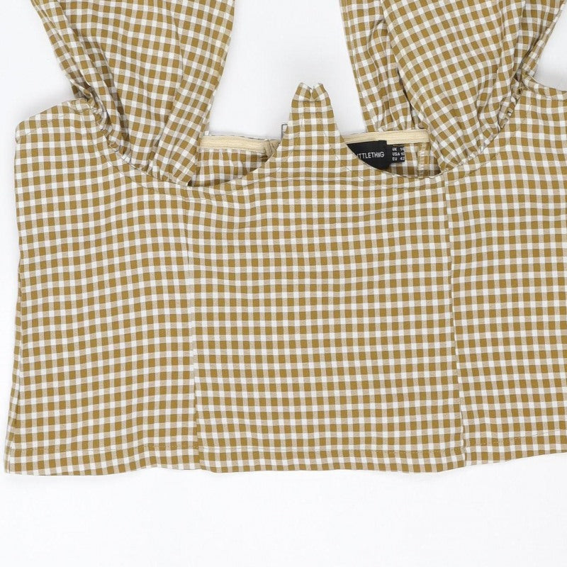 PrettyLittleThing Women's Brown Check Cropped Bell Sleeve Blouse UK 14