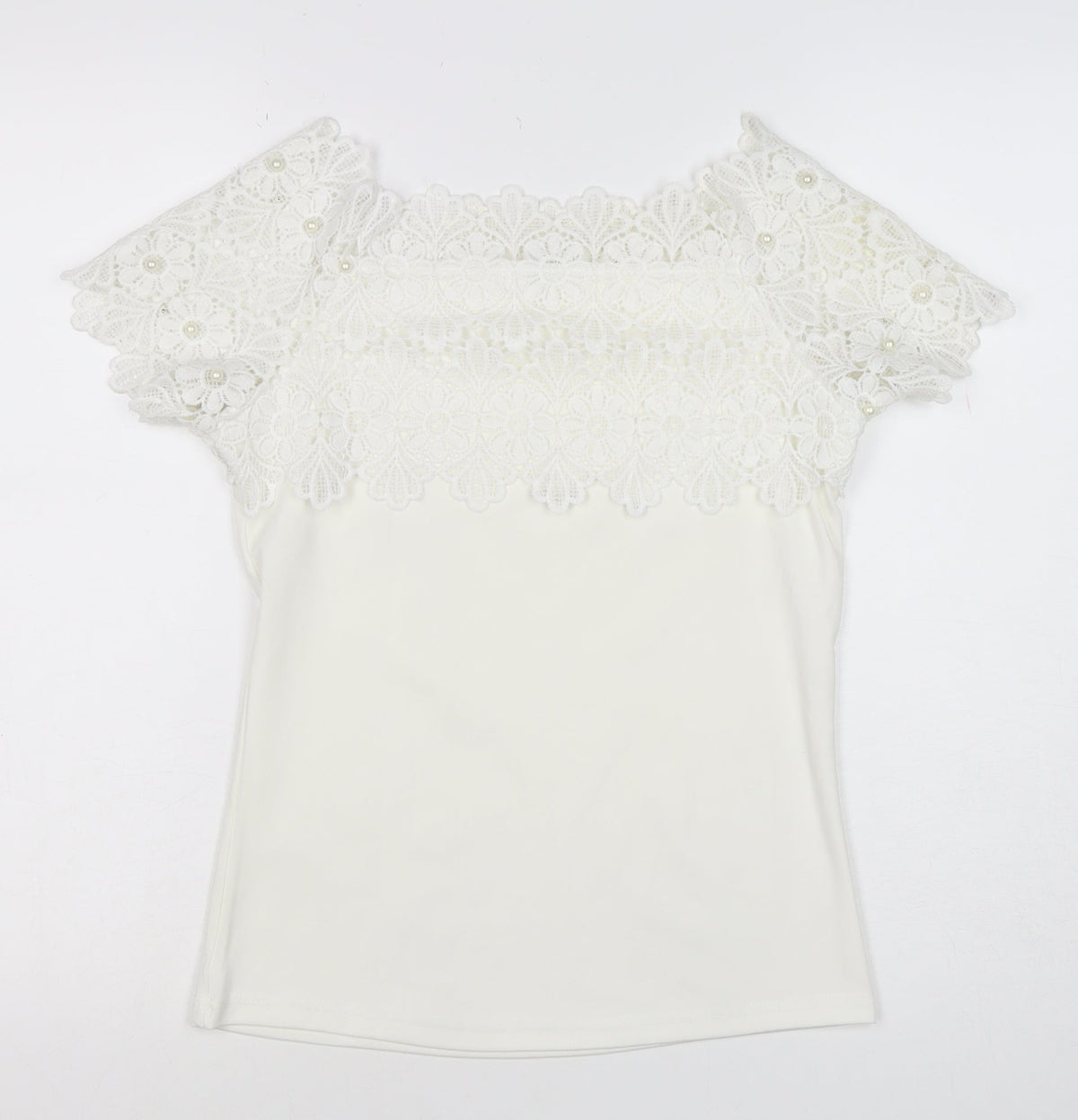 XLG Women's Ivory XL Lace Pearl Off Shoulder Floral Blouse Party