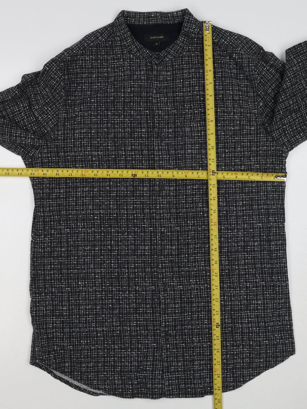 River Island Men's Black M Long Sleeve Check Band Collar Button-Up Shirt