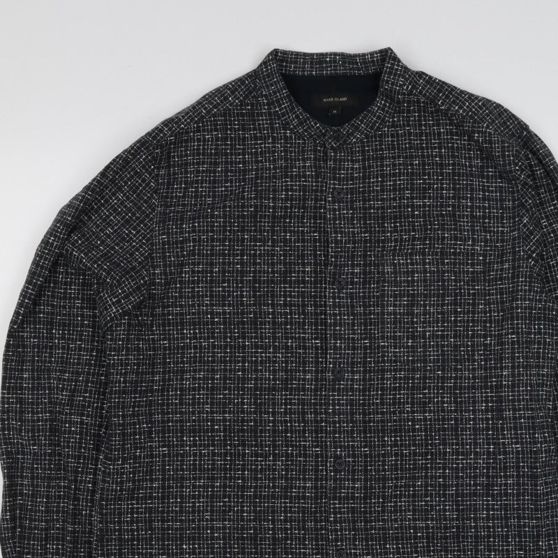 River Island Men's Black M Long Sleeve Check Band Collar Button-Up Shirt