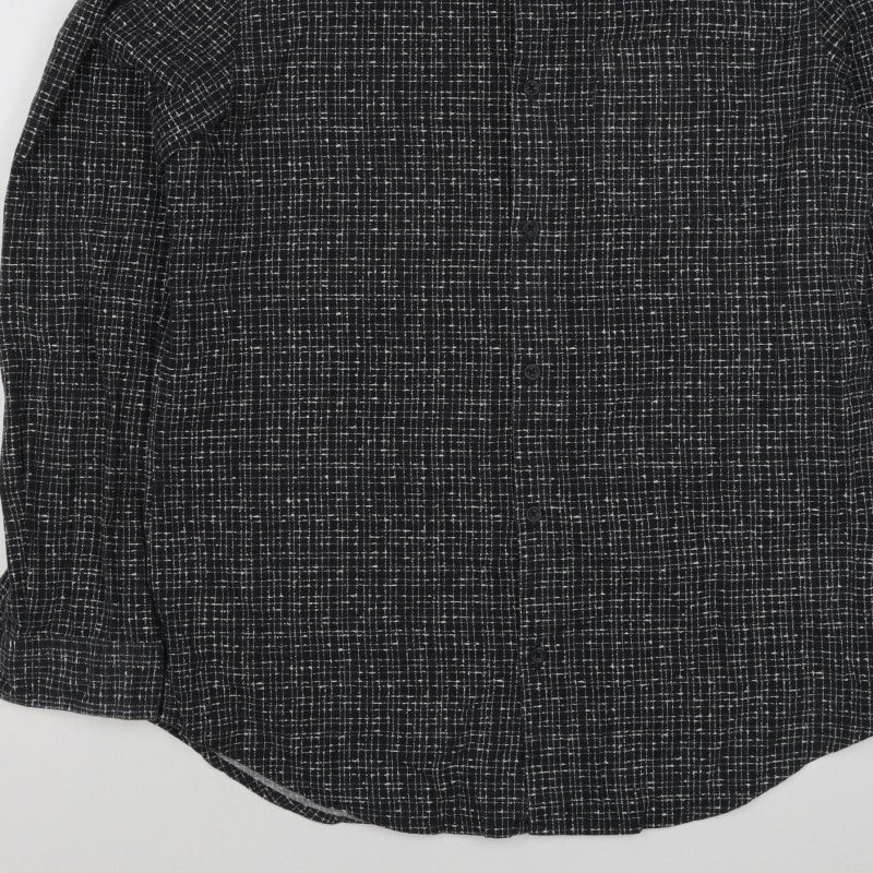 River Island Men's Black M Long Sleeve Check Band Collar Button-Up Shirt
