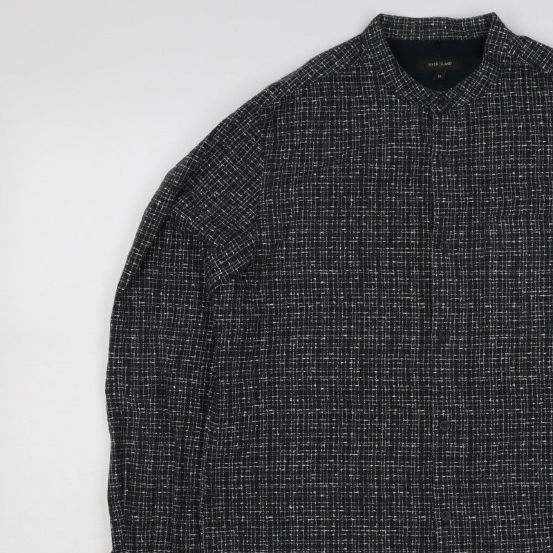 River Island Men's Black M Long Sleeve Check Band Collar Button-Up Shirt