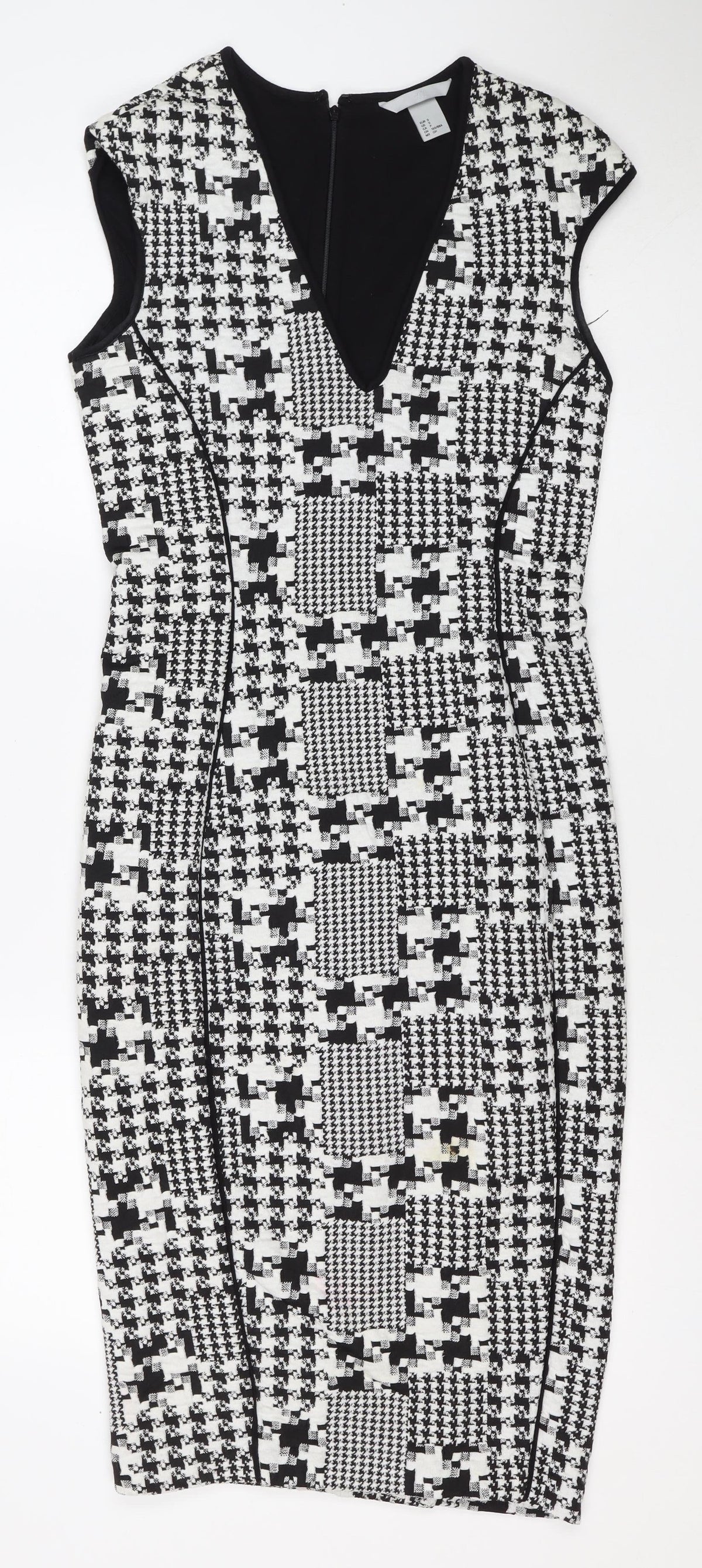 H&M Women Black White Houndstooth Bodycon Midi Dress UK 8 Long Sleeve