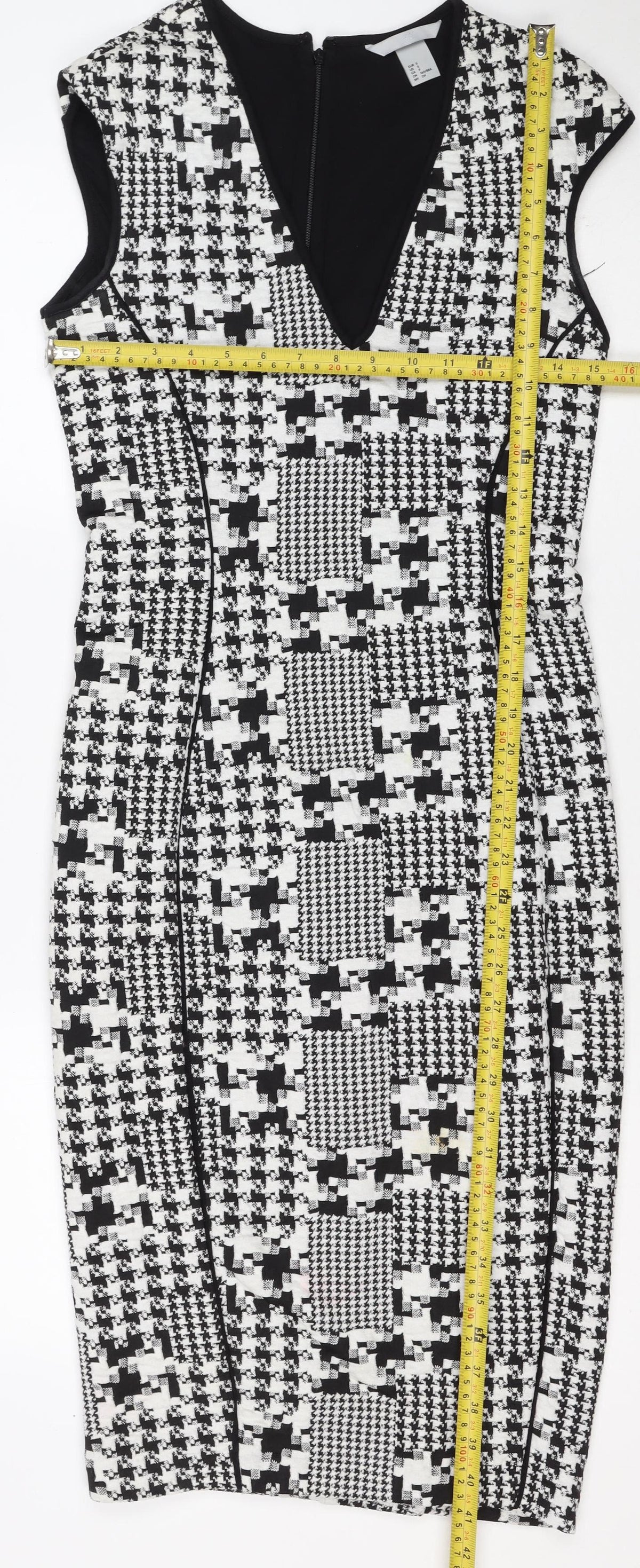 H&M Women Black White Houndstooth Bodycon Midi Dress UK 8 Long Sleeve