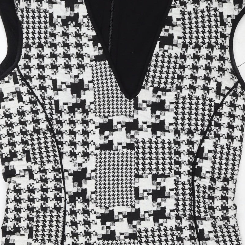 H&M Women Black White Houndstooth Bodycon Midi Dress UK 8 Long Sleeve