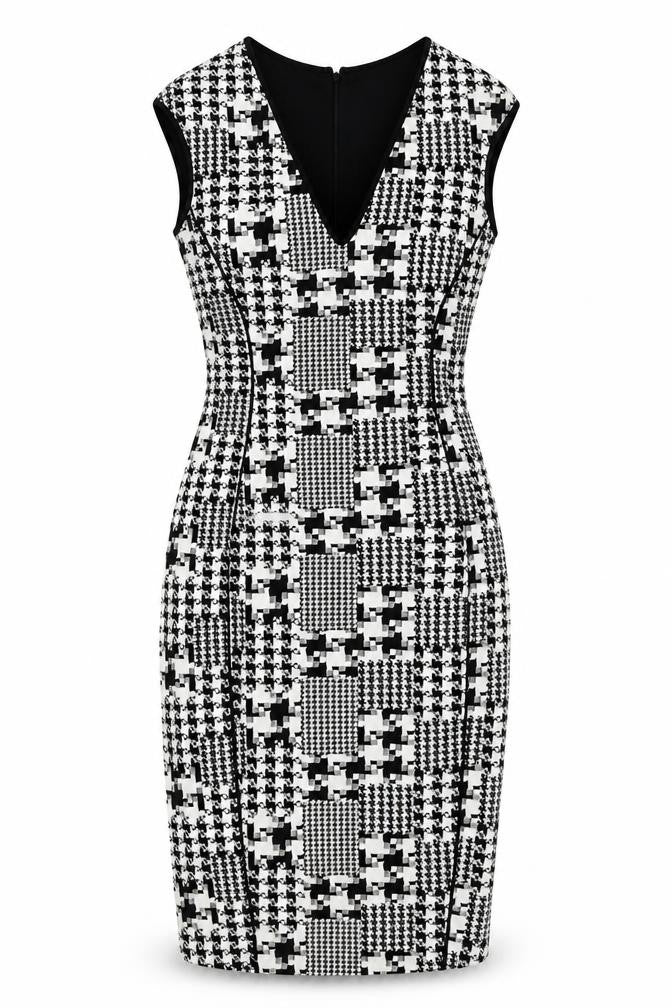 H&M Women Black White Houndstooth Bodycon Midi Dress UK 8 Long Sleeve