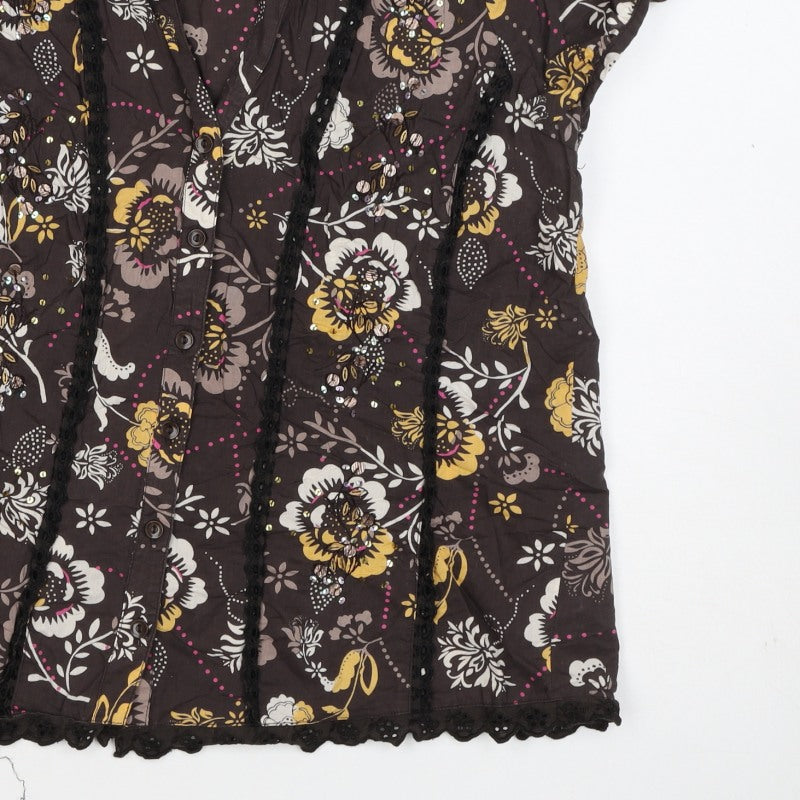 Soon Women’s Brown Floral Cotton Button-Up Tunic Top UK 12 Beaded