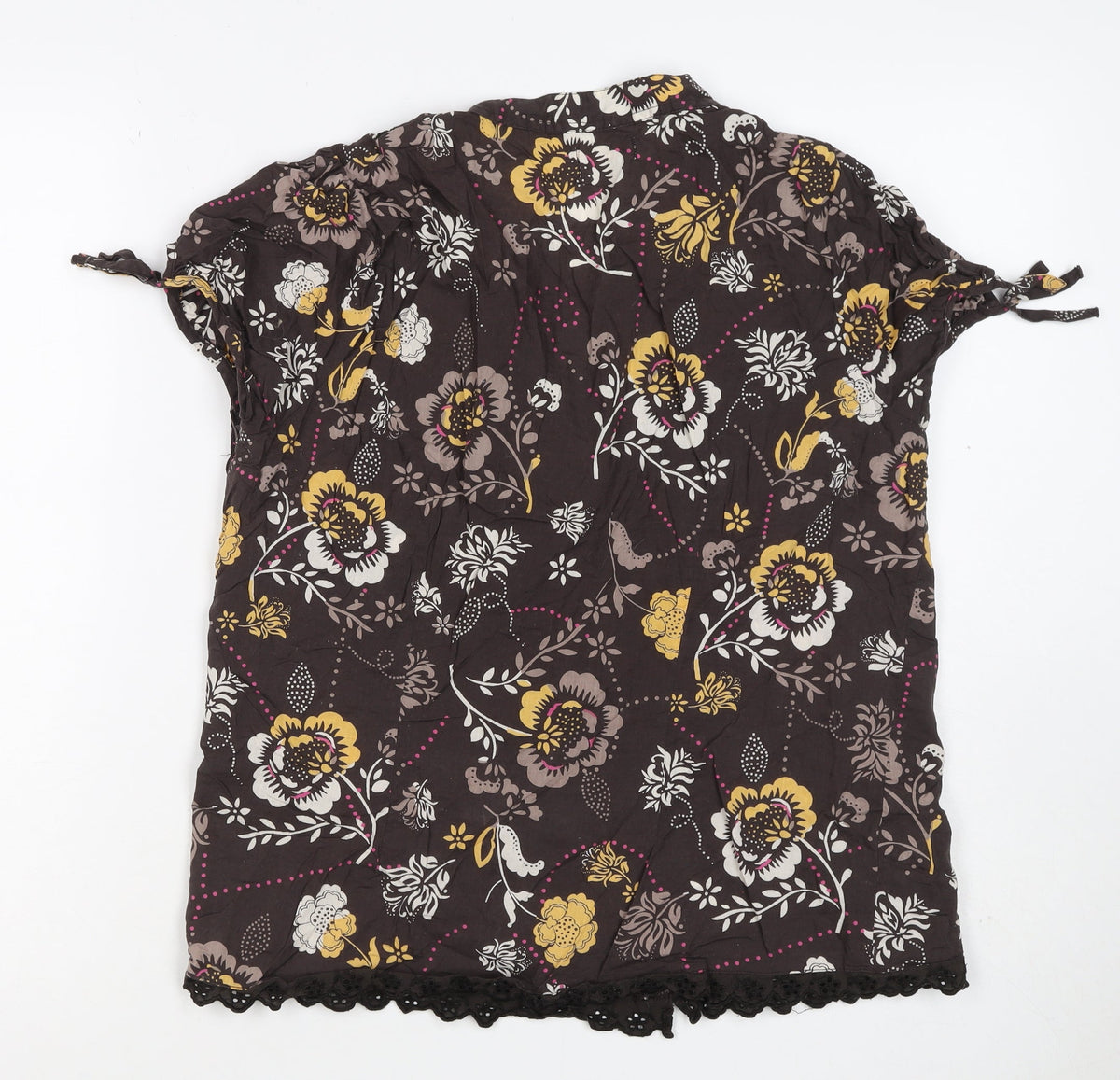 Soon Women’s Brown Floral Cotton Button-Up Tunic Top UK 12 Beaded