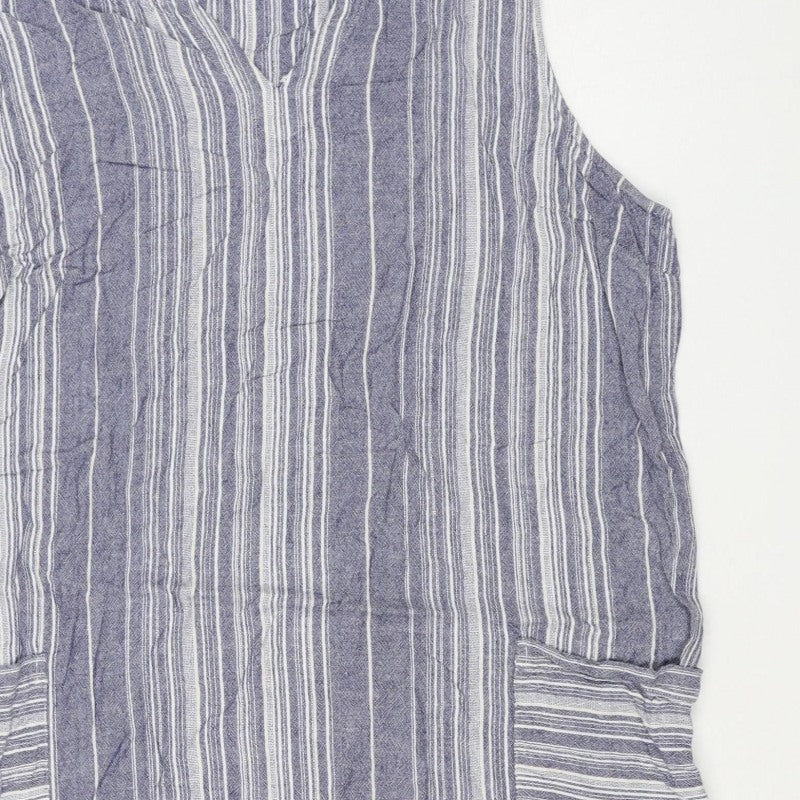 Roman Women Blue Stripe V-Neck Linen Blend Tunic Blouse Size 18