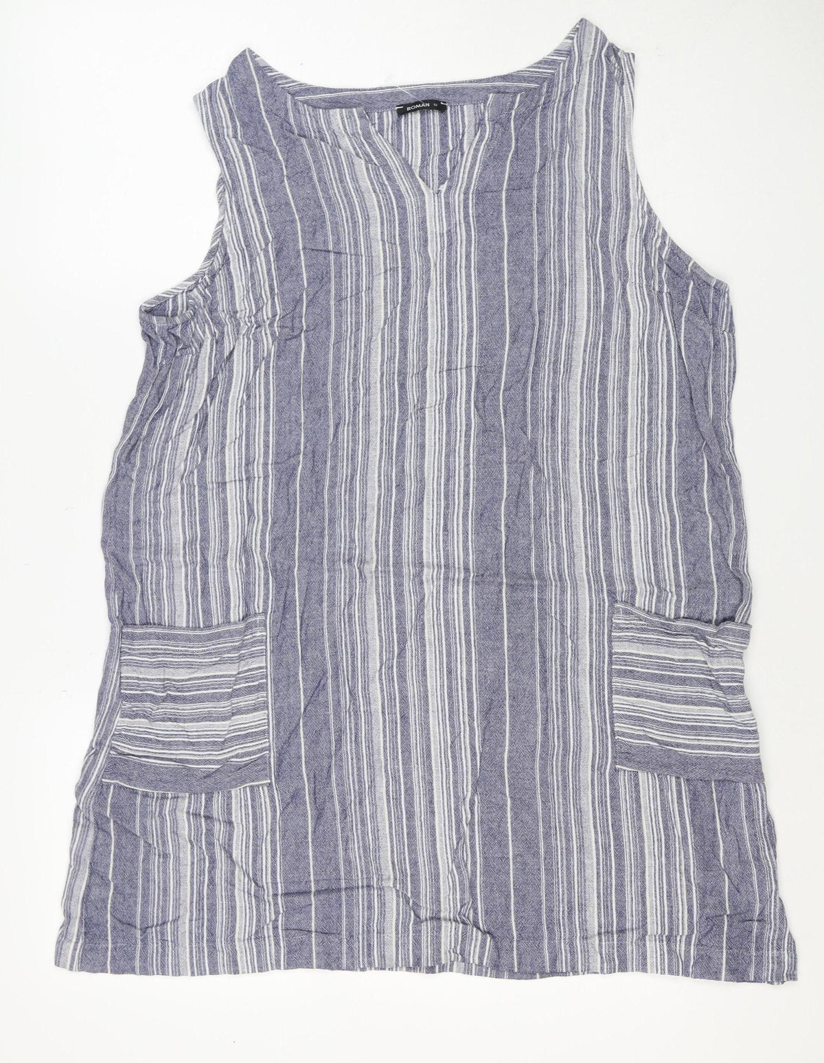 Roman Women Blue Stripe V-Neck Linen Blend Tunic Blouse Size 18
