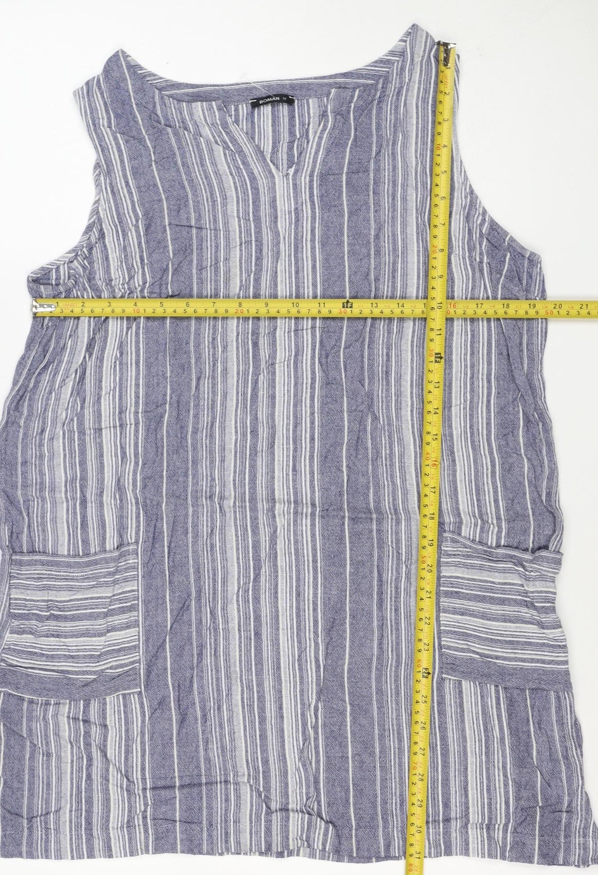 Roman Women Blue Stripe V-Neck Linen Blend Tunic Blouse Size 18