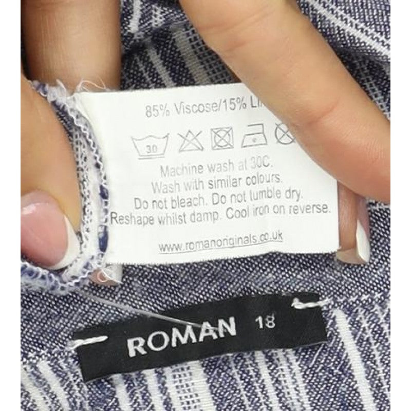 Roman Women Blue Stripe V-Neck Linen Blend Tunic Blouse Size 18