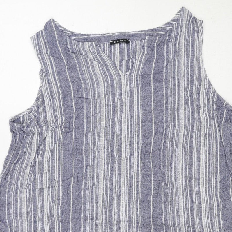 Roman Women Blue Stripe V-Neck Linen Blend Tunic Blouse Size 18