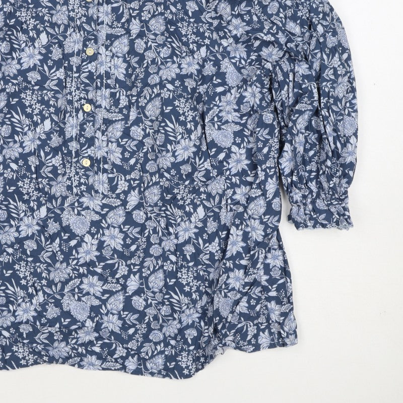 M&S Collection Women Blue Floral Cotton Size 16 Ruffle Blouse
