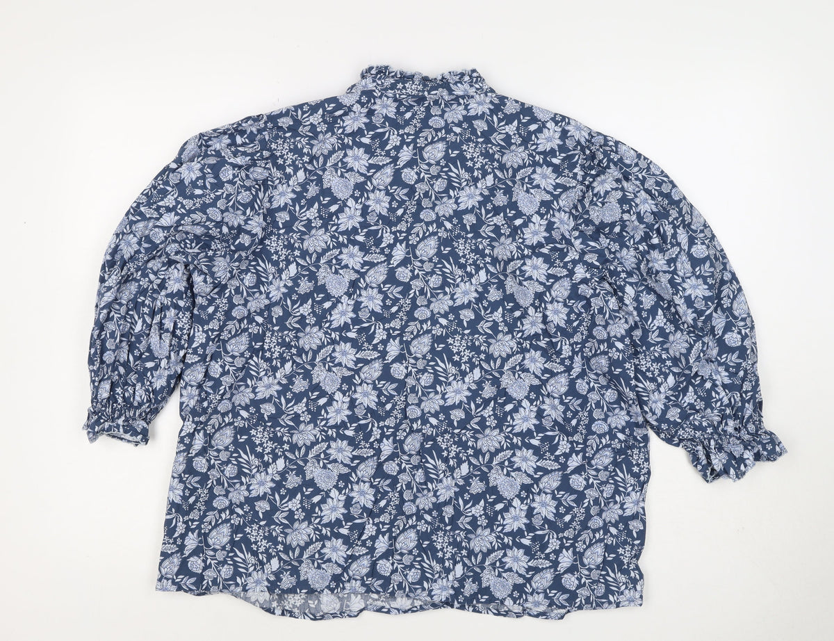M&S Collection Women Blue Floral Cotton Size 16 Ruffle Blouse