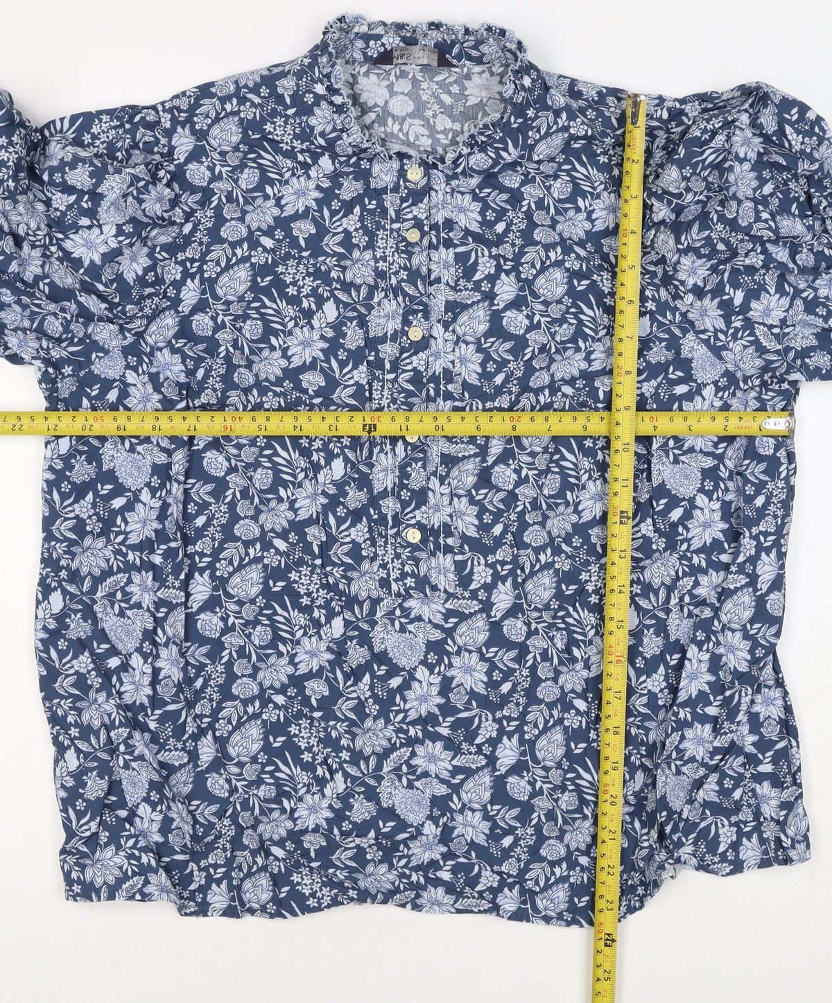 M&S Collection Women Blue Floral Cotton Size 16 Ruffle Blouse