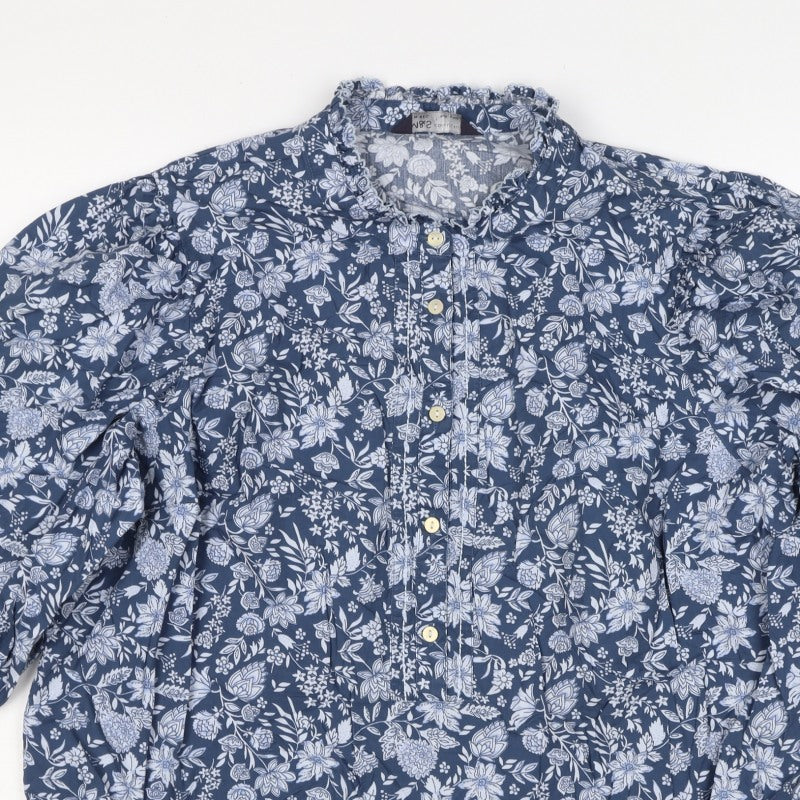 M&S Collection Women Blue Floral Cotton Size 16 Ruffle Blouse