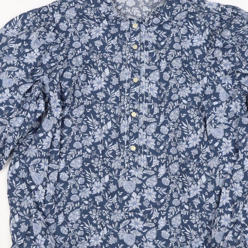 M&S Collection Women Blue Floral Cotton Size 16 Ruffle Blouse