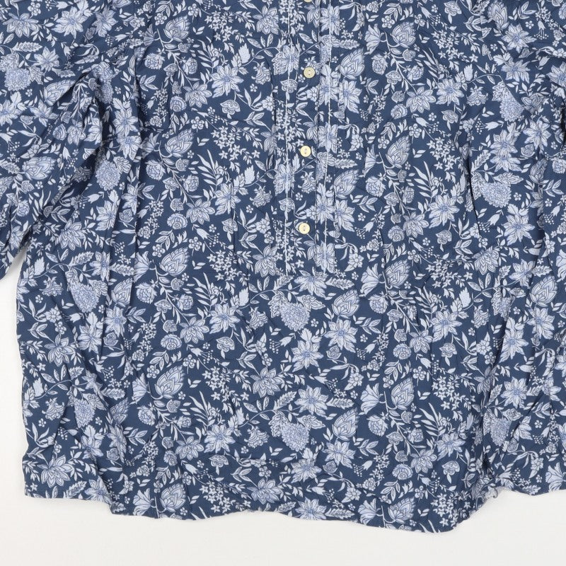M&S Collection Women Blue Floral Cotton Size 16 Ruffle Blouse