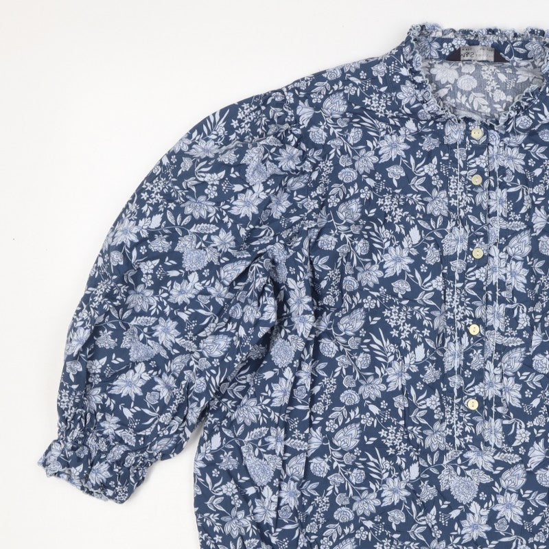 M&S Collection Women Blue Floral Cotton Size 16 Ruffle Blouse