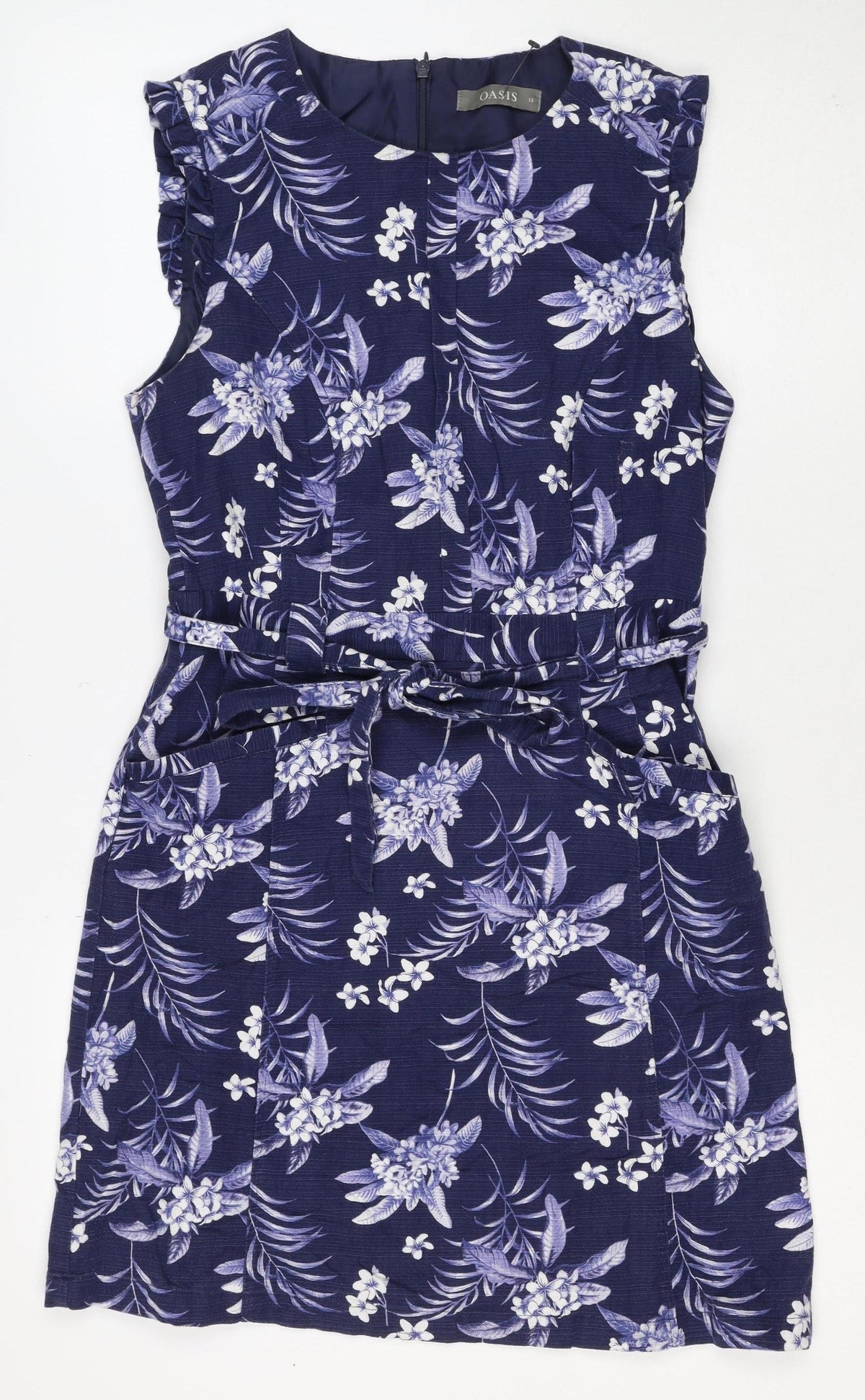 Oasis Women’s Blue Floral Midi Fit & Flare Tie Waist Dress UK 12