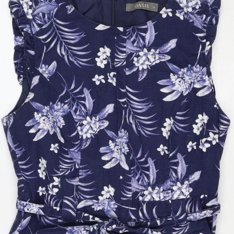 Oasis Women’s Blue Floral Midi Fit & Flare Tie Waist Dress UK 12