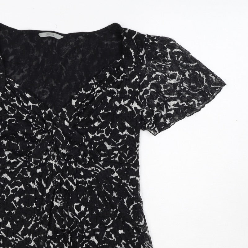 Marks & Spencer Women Black White UK 12 Floral Wrap Flutter Sleeve Blouse