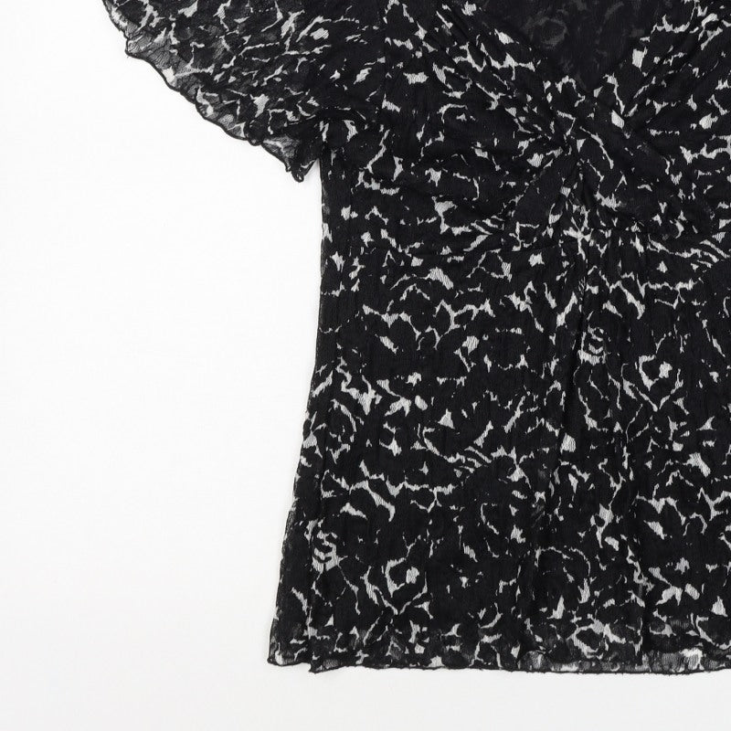 Marks & Spencer Women Black White UK 12 Floral Wrap Flutter Sleeve Blouse