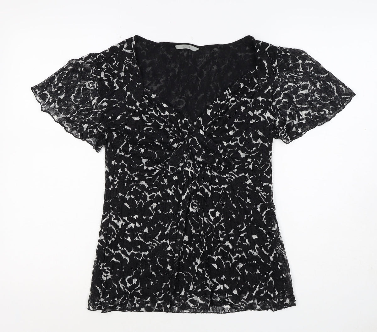 Marks & Spencer Women Black White UK 12 Floral Wrap Flutter Sleeve Blouse