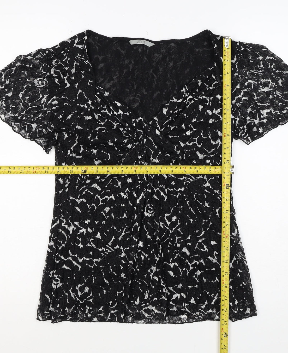 Marks & Spencer Women Black White UK 12 Floral Wrap Flutter Sleeve Blouse