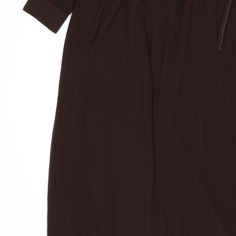 Zara Women Brown M Midi Pleated Belted Shirt Dress Long Sleeve