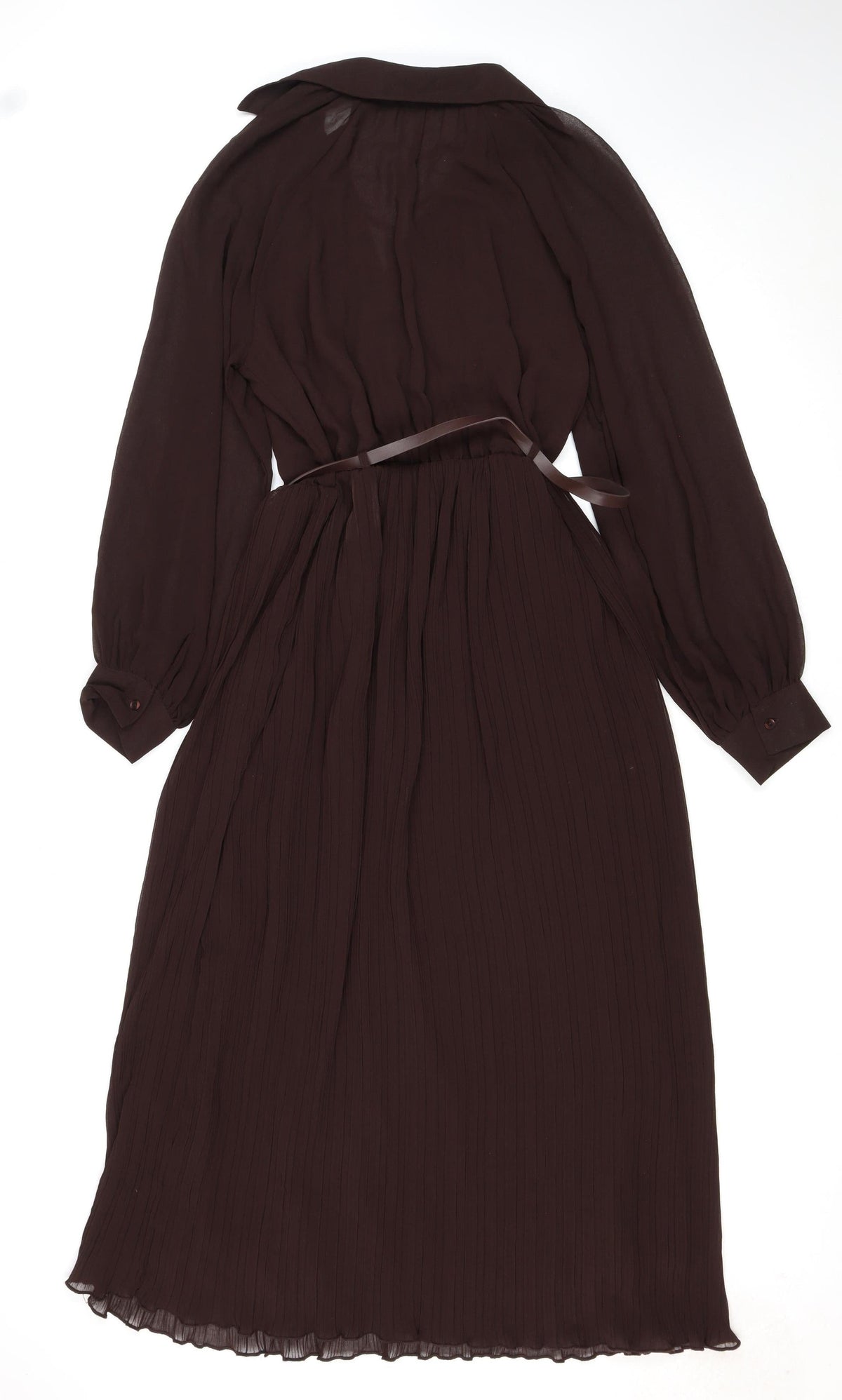 Zara Women Brown M Midi Pleated Belted Shirt Dress Long Sleeve