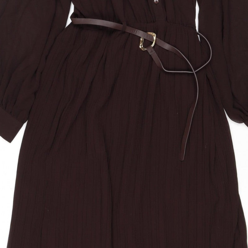Zara Women Brown M Midi Pleated Belted Shirt Dress Long Sleeve