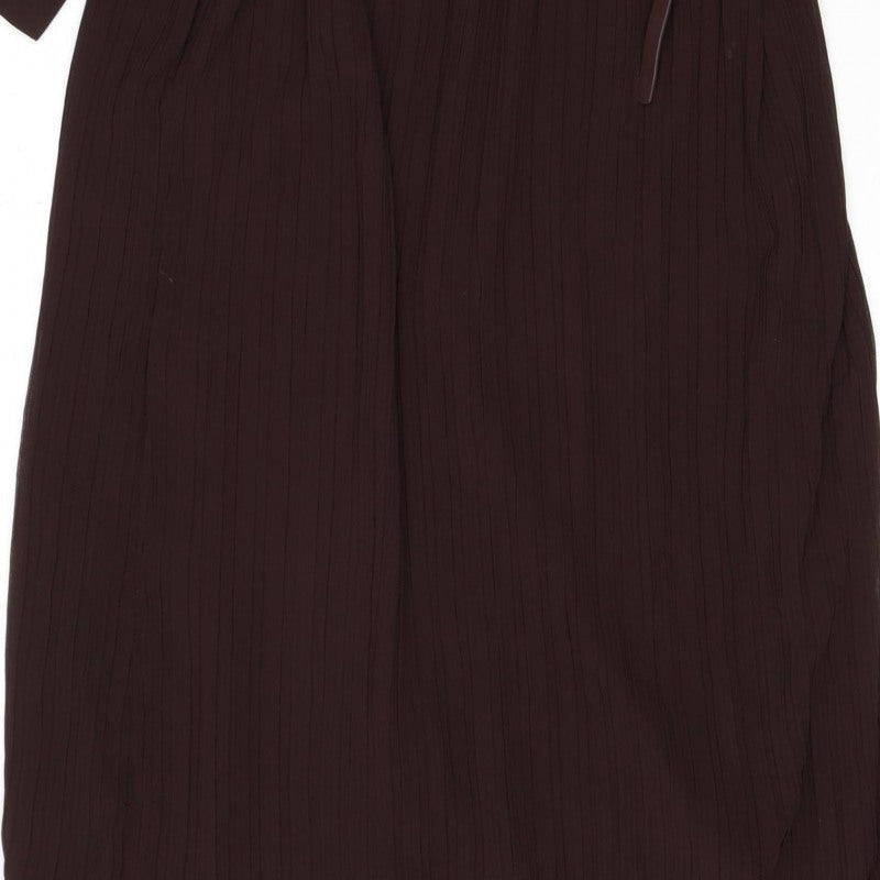 Zara Women Brown M Midi Pleated Belted Shirt Dress Long Sleeve
