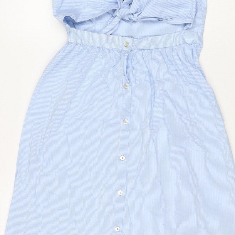 Zara Woman Blue White Stripe M Off Shoulder Belted Midi Dress