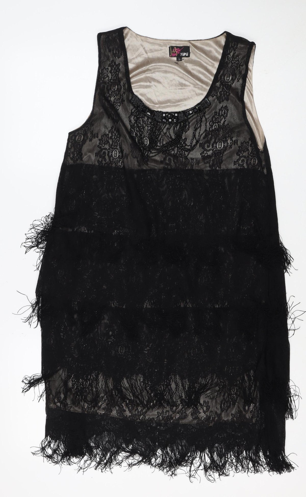 Yumi Women Black Lace Feather Trim Shift Dress Size L Party Cocktail