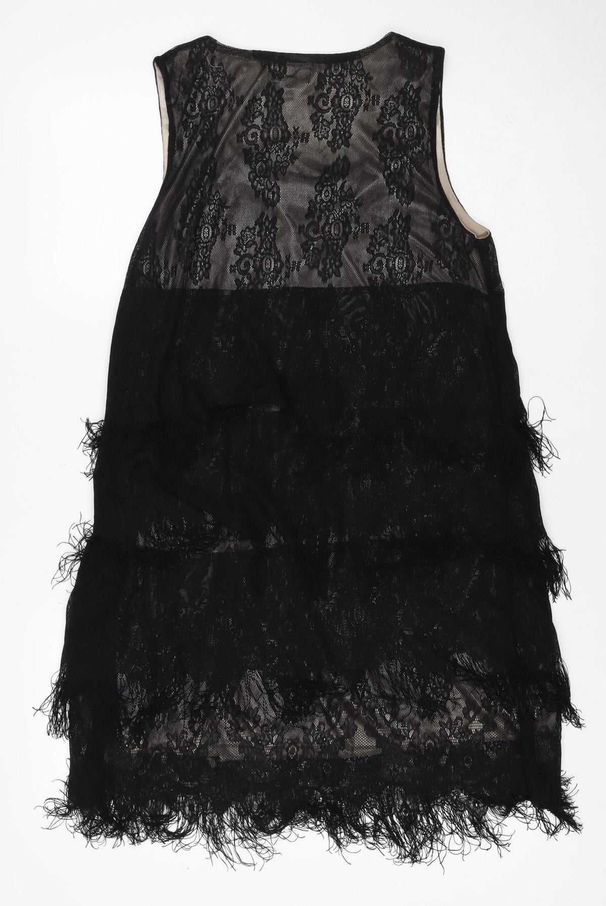 Yumi Women Black Lace Feather Trim Shift Dress Size L Party Cocktail