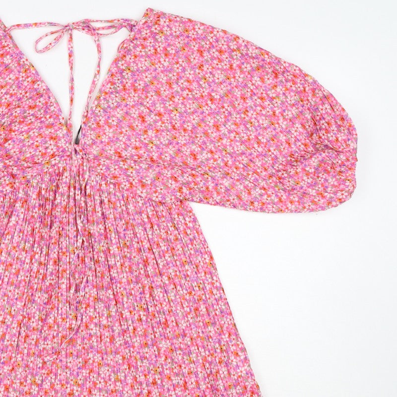 Zara Women Pink Floral Pleated Fit & Flare Short Dress Size S