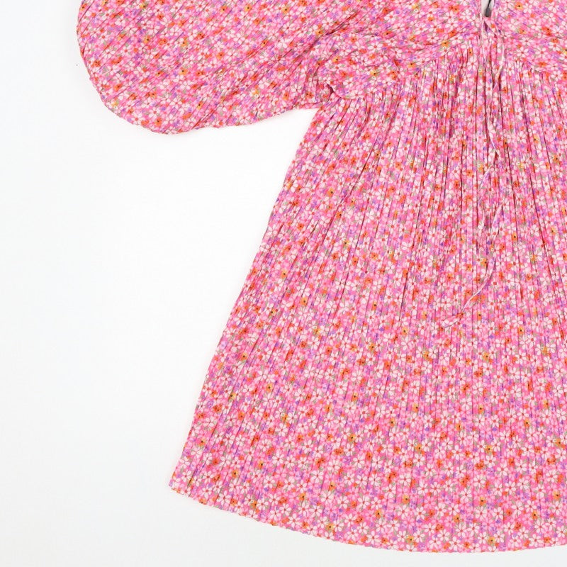 Zara Women Pink Floral Pleated Fit & Flare Short Dress Size S